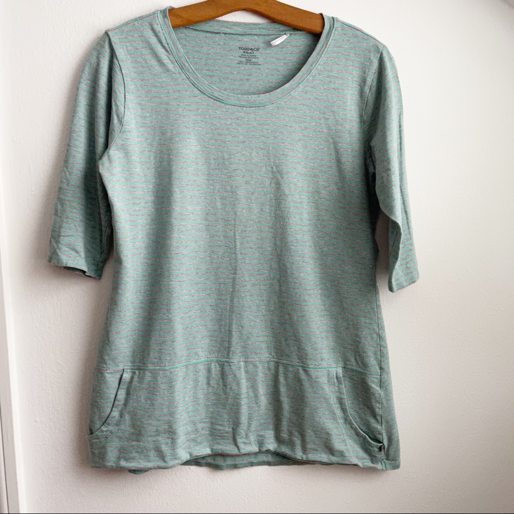Toad&Co Gray Green Stripe Half Sleeve T-Shirt Tee Top Front Pocket Size S